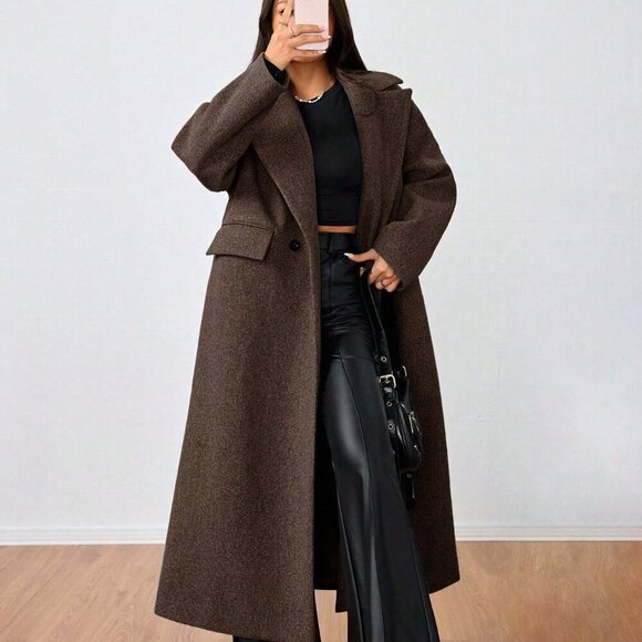 Coffee Brown Casual Women's Lapel Long Coat - Picture 5 of 6